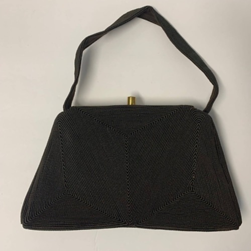 Vintage Walborg‎ Corde Handbag Brown Geometric Corded Top Handle Frame Bag 1950s